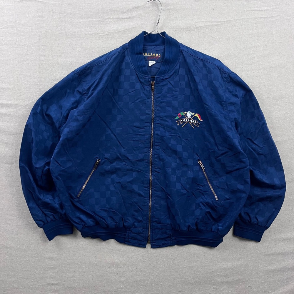 Caesars Exclusively Bomber Jacket Mens XL Blue Checkerboard Jacquard Vintage 90s